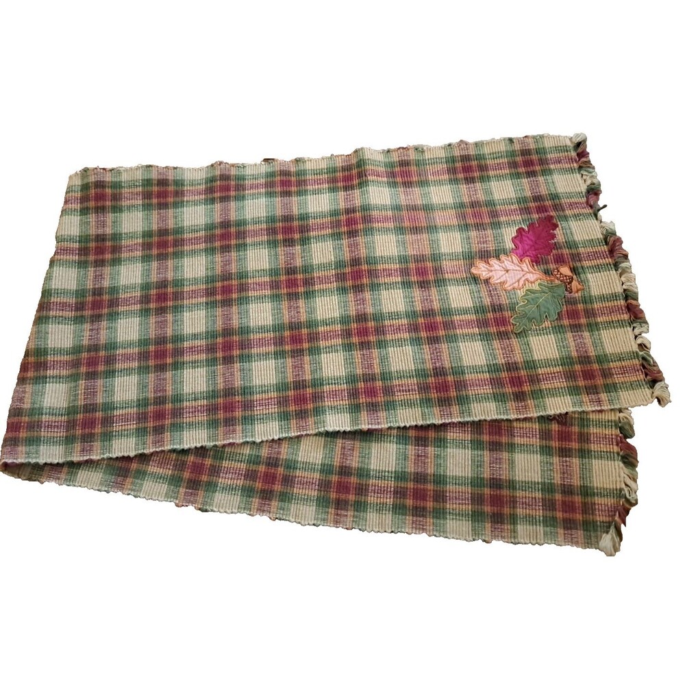 Plaid Fall Leaf Table Runner Acorn Fringe Autumn Farmhouse Country 48x12.5